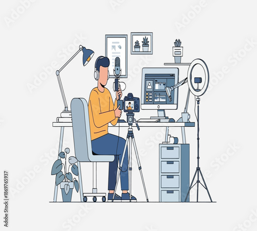 A young man creating content at his desk with podcasting and streaming equipment