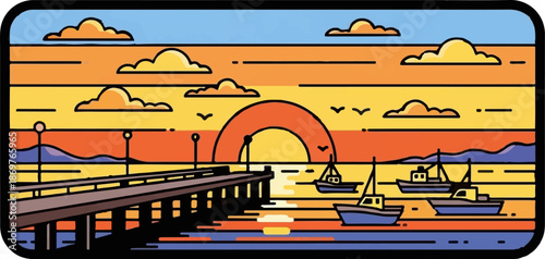 Stylized sunset over a calm sea with a pier and boats