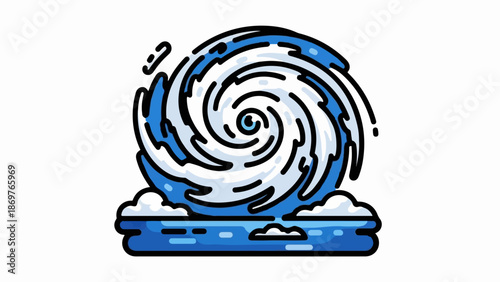 Stylized representation of a powerful cyclone swirling above a calm ocean, with clouds