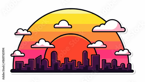Stylized sunset over a city skyline with clouds