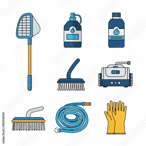 Collection of Pool Cleaning Tools and Supplies.