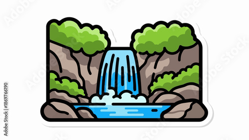 Stylized waterfall cascading down rocky cliffs into a clear blue pool, surrounded by lush green foliage