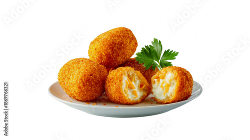 Crispy golden-brown croquettes with creamy corn and cheese filling on a white plate