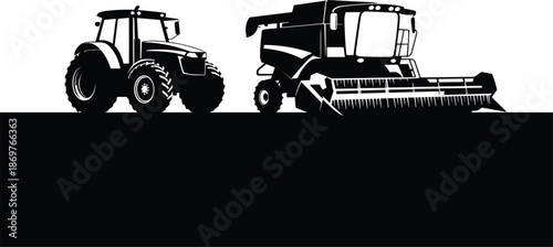 Silhouettes of tractor and combine harvester on white background, showcasing modern agricultural machinery, farming equipment, rural industry, and mechanized crop production.