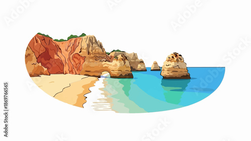Stylized illustration of a sandy beach with orange cliffs, rock formations, and clear blue water