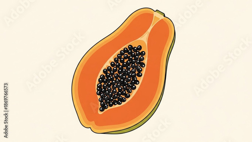 Vibrant papaya half with black seeds on creamy background