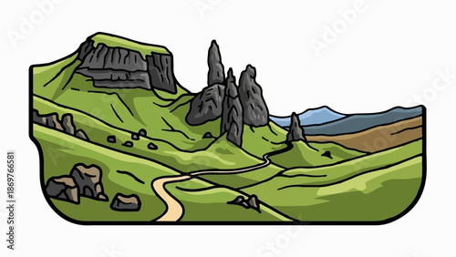 Stylized illustration of a rugged, green, mountainous landscape with jagged rock formations and a winding dirt path