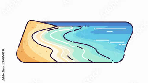 Stylized illustration of a sandy beach meeting gentle turquoise and blue ocean waves