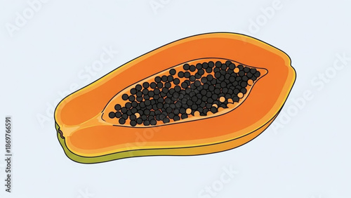 Vibrant papaya fruit cut open with black seeds visible inside
