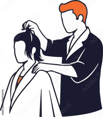 Stylized illustration of a person getting their hair styled by another
