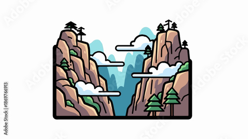 Stylized illustration of a majestic mountain pass with wispy clouds and evergreen trees