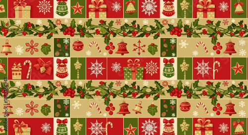 Vibrant christmas themed pattern with red green and beige squares featuring festive holiday icons like bells snowflakes and presents with gifts