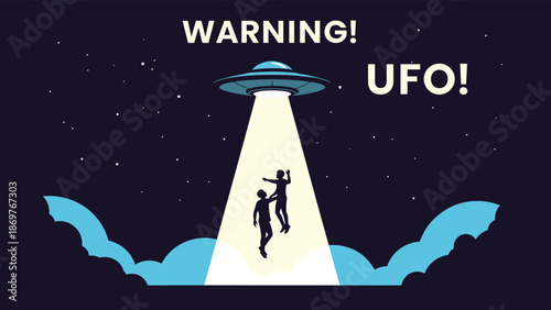 Extraterrestrial spacecraft uses a bright beam of light to abduct two human figures with warning text displayed in the dark sky.