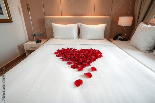 Romantic Bed Decoration with Red Rose Petals and Copy Space