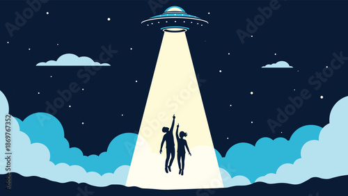 Unidentified flying object beaming up a man and a woman in silhouette from a mountain landscape under a starry night sky.