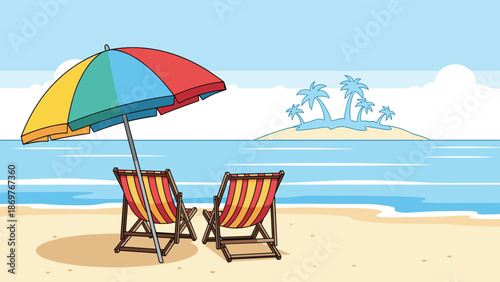 Vibrant multicolored beach umbrella and two deck chairs face a distant tropical island with palm trees under a bright clear sky.