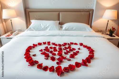 Romantic Bed Decoration with Red Rose Petals and Copy Space
