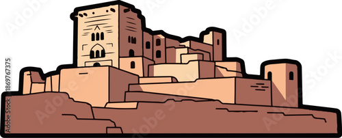 Stylized illustration of a desert fortress with multiple towers and levels, rendered in earthy tones