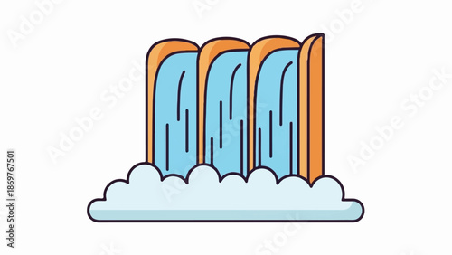 Stylized waterfall with cascading blue water and orange rock edges into a cloud