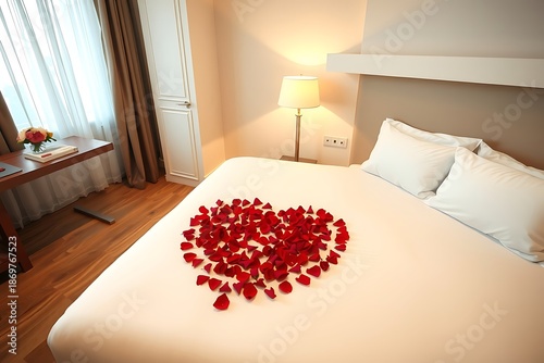 Romantic Bed Decoration with Red Rose Petals and Copy Space
