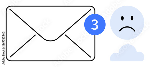 Email overload. Unread messages notification and sad face icon email-related stress or anxiety. Email overload impacts communication and productivity. Best for technology, mental health