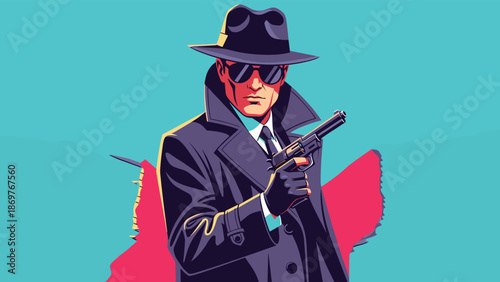 Retro style illustration of a detective in a trench coat and hat holding a pistol against a bright blue and pink background.