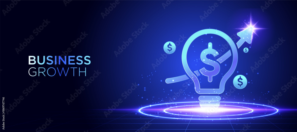 Fototapeta premium Business growth concept with glowing light bulb and dollar symbol representing financial innovation profit growth