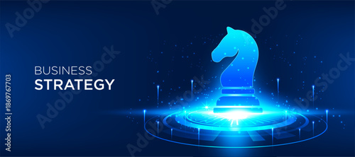 Business strategy concept with glowing chess knight symbol for strategic planning and leadership. Futuristic digital vector illustration for corporate strategy and business growth. banner