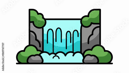 Stylized waterfall with rocks and lush green bushes