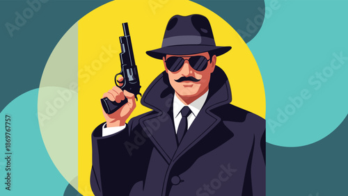 Stylish secret agent man wearing sunglasses and a fedora holds a handgun against a vibrant pop art background with colorful shapes.