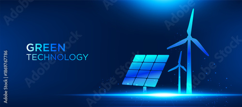 Green technology renewable energy concept with wind turbines and solar panels. Modern clean energy vector illustration for sustainability, eco innovation, and future power