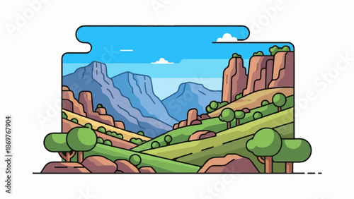 Stylized mountain valley with rolling green hills, rocky outcrops, and a clear blue sky