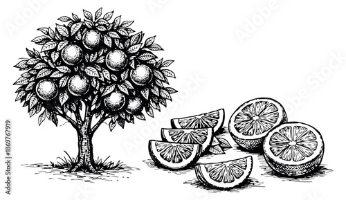 Hand drawn line art botanical set featuring a fruit tree and sliced citrus fruits for food and beverage design