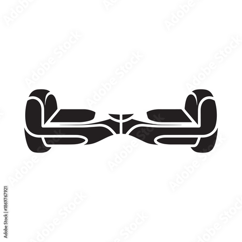 A black and white illustration of a self balancing scooter viewed from above