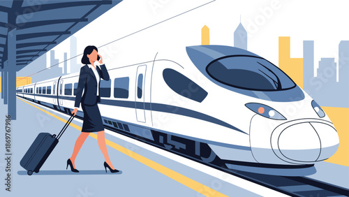 Businesswoman in a suit pulling a suitcase walks along a platform next to a modern high-speed bullet train at a city station.