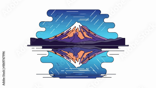 Stylized mountain with reflection in water, under stylized blue sky with rain