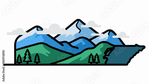 Stylized mountainous landscape with trees and clouds