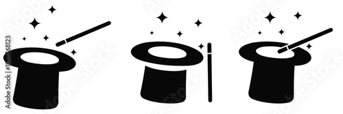 Magic Hat Icon Set with Stars – Circus, Abracadabra and Magical Trick Symbols in Flat 
and Outline Vector Style