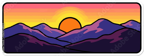 Stylized sunset over purple mountains with layered orange, yellow, and pink sky