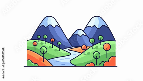 Stylized mountains and a winding river through rolling hills with scattered trees