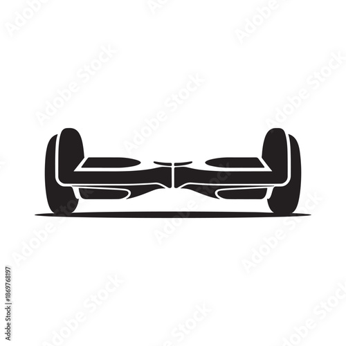 A black and white illustration of a self balancing scooter on a surface