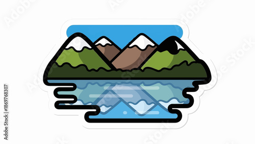 Stylized mountains capped with snow reflected in calm blue water under a bright sky