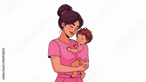 Tender embrace of a mother holding her baby close, both adorned in pink