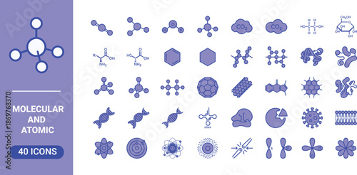 Abstract molecular and atomic icon set showing chemistry structures, DNA, cells, particles and scientific symbols, blue minimal vector collection for education, research, infographics, technology desi
