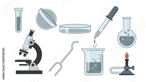 Various laboratory equipment including microscopes, test tubes, beakers, and Bunsen burners are arranged on a white background, illustrating a scientific setup for experiments and research.
