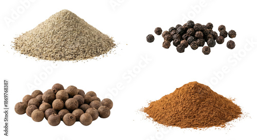 Four types of pepper: ground white pepper, black peppercorns, allspice berries, and ground cinnamon on white background