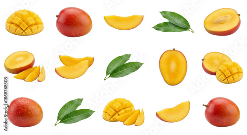 Fresh Mangoes Collection: Whole, Sliced, Cubed, and Leaves - White Background