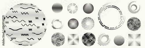 Linear, circular halftone dots circles set, dotted ring and spiral circle shapes for modern design, technology, or motion graphic backgrounds. Dotted round elements, radial spirals, and vortex.
