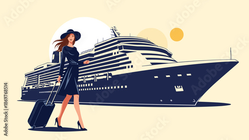 Elegant woman in a black hat and dress pulling a suitcase while walking past a massive luxury cruise ship docked at the harbor.