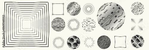 Linear, circular halftone dots circles set, dotted ring and spiral circle shapes for modern design, technology, or motion graphic backgrounds. Dotted round elements, radial spirals, and vortex.
